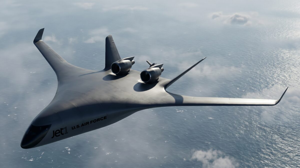 Самолет JetZero Jet1 в небе над океаном