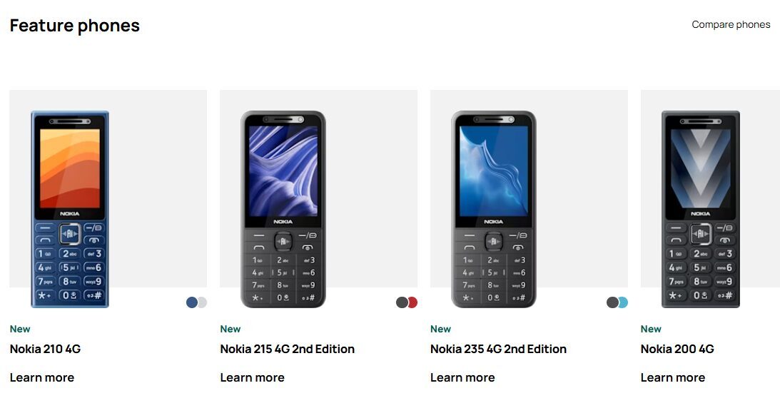 Четыре кнопочных телефона Nokia с разным дизайном Nokia 210 4G Nokia 215 4G 2nd Edition Nokia 235 4G 2nd Edition Nokia 200 4G
