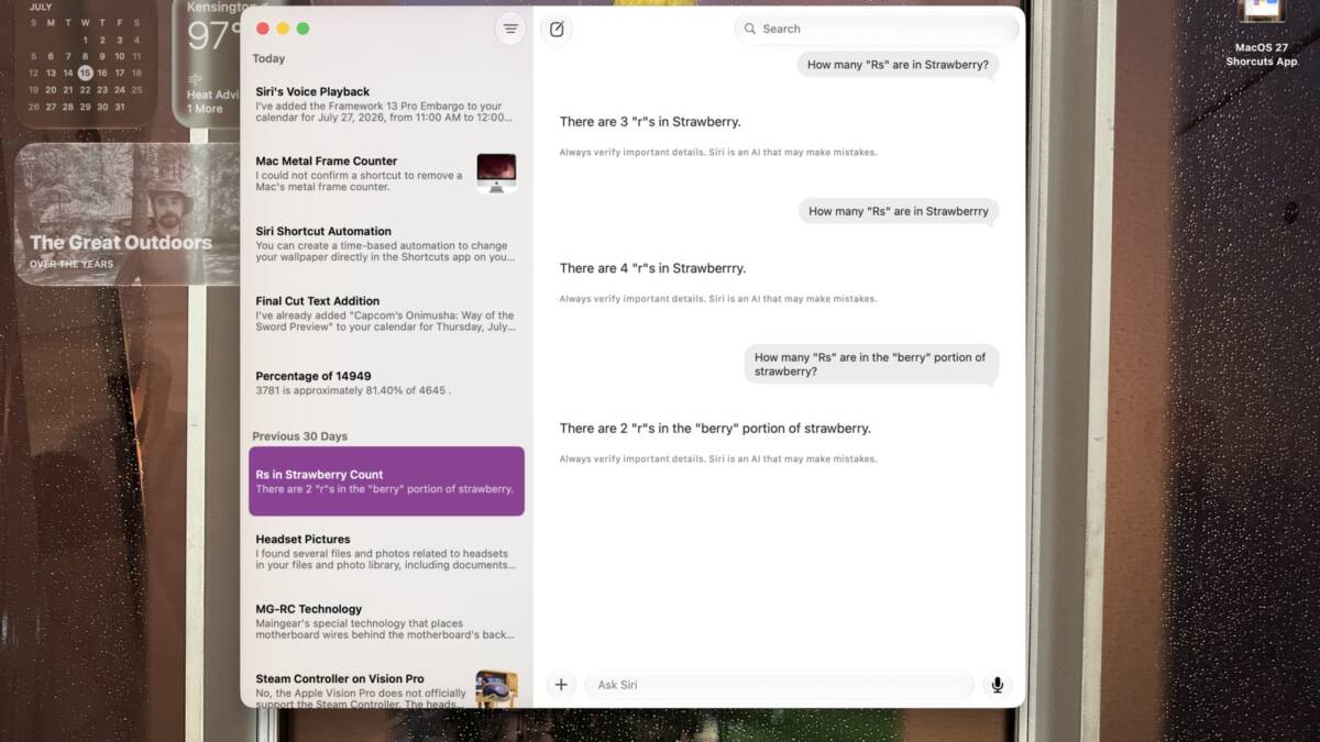 Короткие ответы вместо лести. Siri в macOS 27 стала полезнее, потому что меньше лезет в глаза 3 Новая Siri в macOS 27, окно переписки внутри рабочего стола