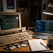 Линус Торвальдс велел критикам ИИ делать форк, а студент переписал Linux 0.11 на Rust 4 Рабочий стол с двумя экранами, клавиатурой, ноутбуком Linux Kernel, спящей лампой, кофе и заметками