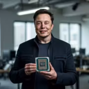 Человек с микропроцессором Tesla AI6 в руке