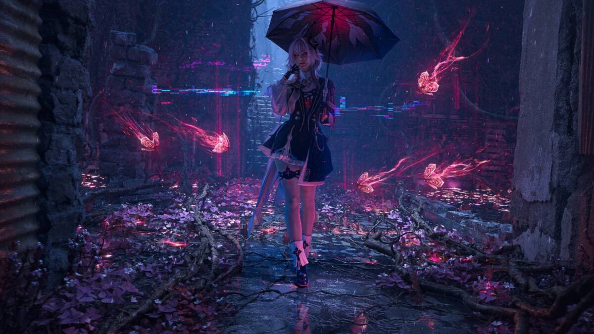 Косплей Темени и Март 7 из Honkai Star Rail от Me Sunako в лесу цветами и световыми эффектами