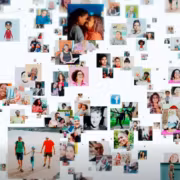 Множество фотографий людей и логотип Facebook на фоне