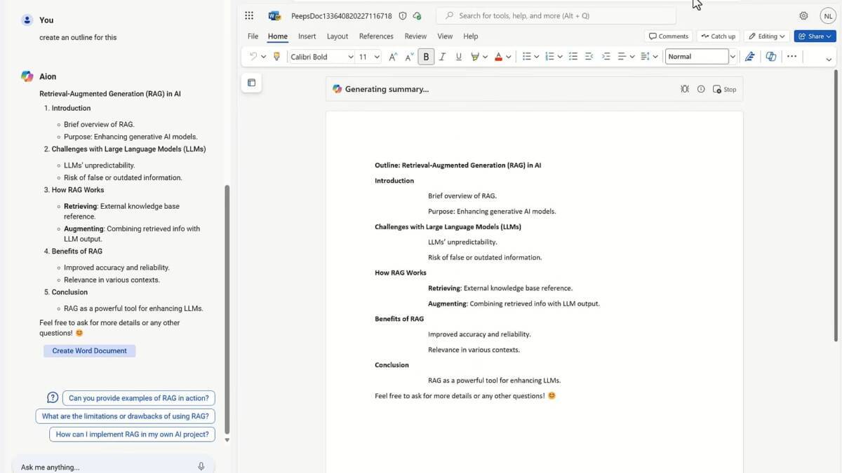 документ Word с заголовками и текстом Microsoft Aion