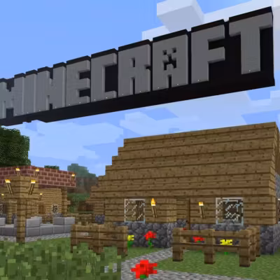 Домики из блока Minecraft с деревьями и флагом Minecraft