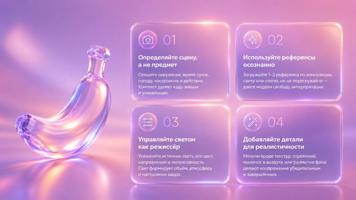 Интерактивное руководство по Nano Banana Россия 2023, четыре блока с текстом и иконками, фиолетово-розовый светлый фон