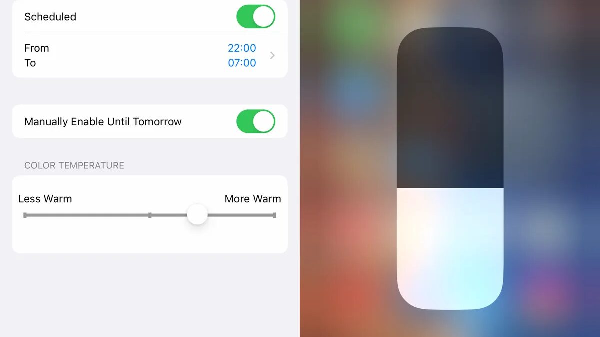 Настройки ночного режима iPhone включены и активированы