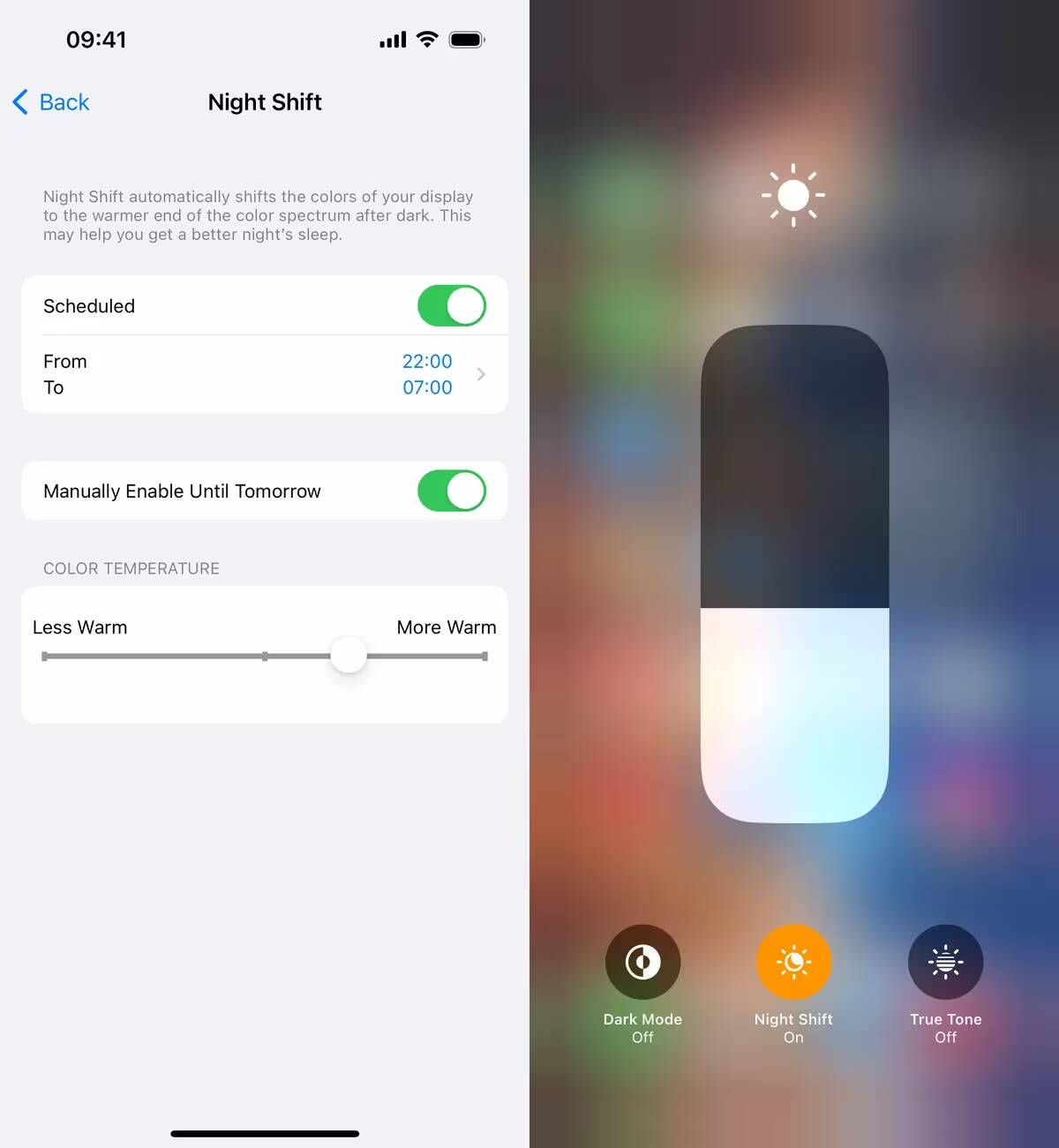 Настройки ночного режима iPhone включены и активированы
