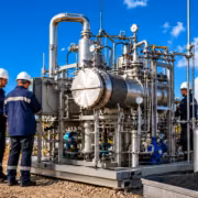 Под Екатеринбургом остановили газовую станцию с «невидимым» подземным резервуаром 2 три техника в касках и спецовках у газоперерабатывающей установки