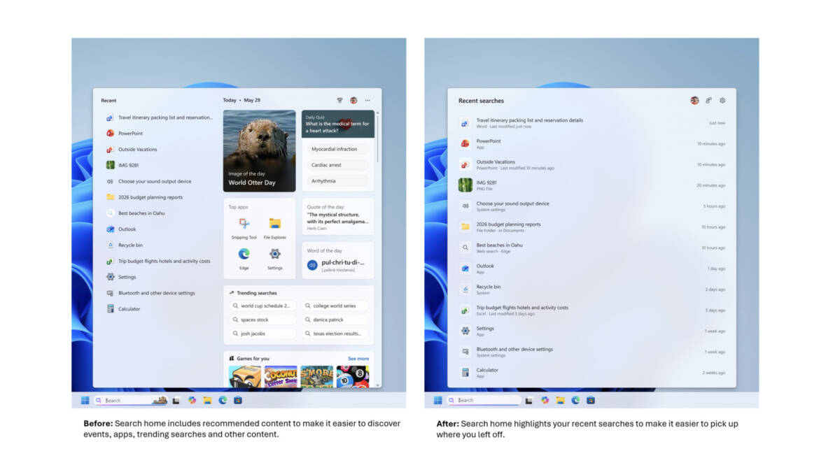 Обновлённый дизайн поиска Windows 11, показывающий рекомендации и недавние файлы