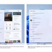 Обновлённый дизайн поиска Windows 11, показывающий рекомендации и недавние файлы