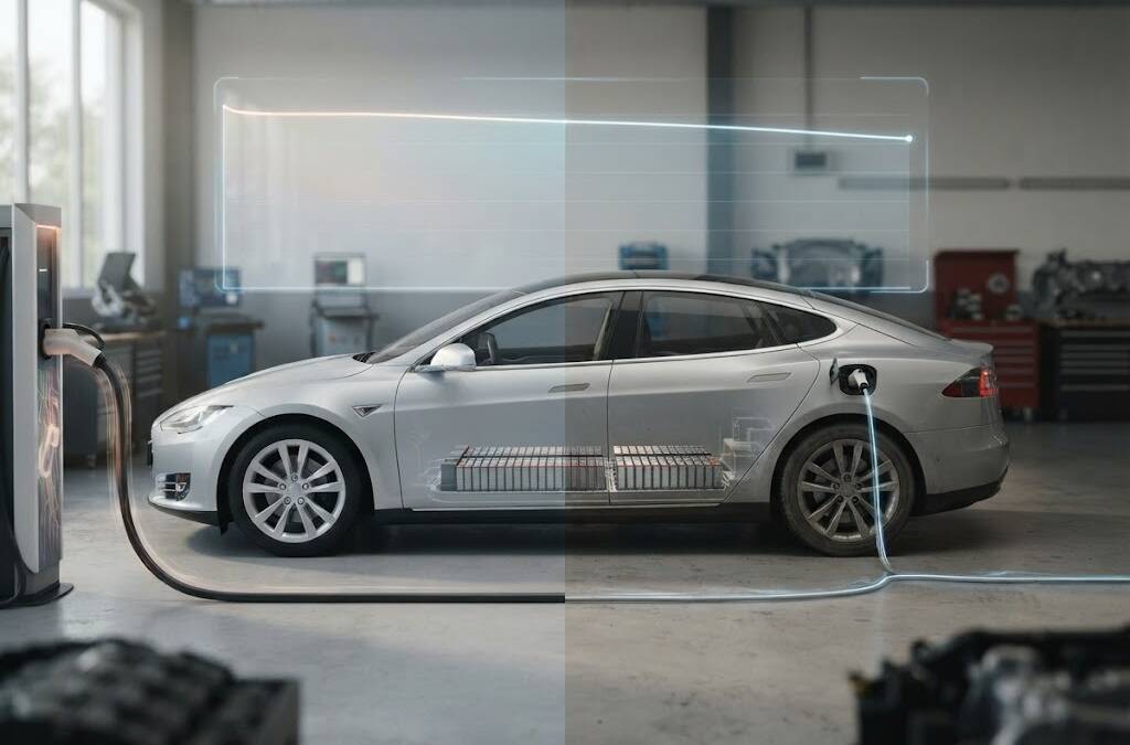 Электромобиль Tesla в гараже с зарядным устройством