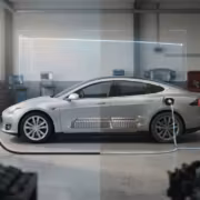 Электромобиль Tesla в гараже с зарядным устройством