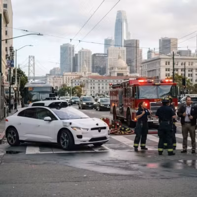 Пожарные и полиция на перекрёстке в Сан-Франциско после аварии Waymo
