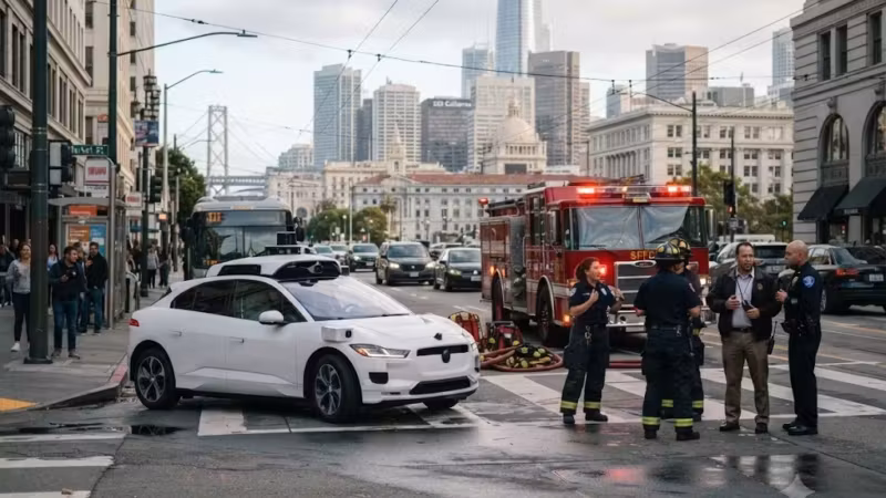 Пожарные и полиция на перекрёстке в Сан-Франциско после аварии Waymo