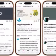 Три экрана смартфонов показывают профили пользователей RSS приложение HyperTexting
