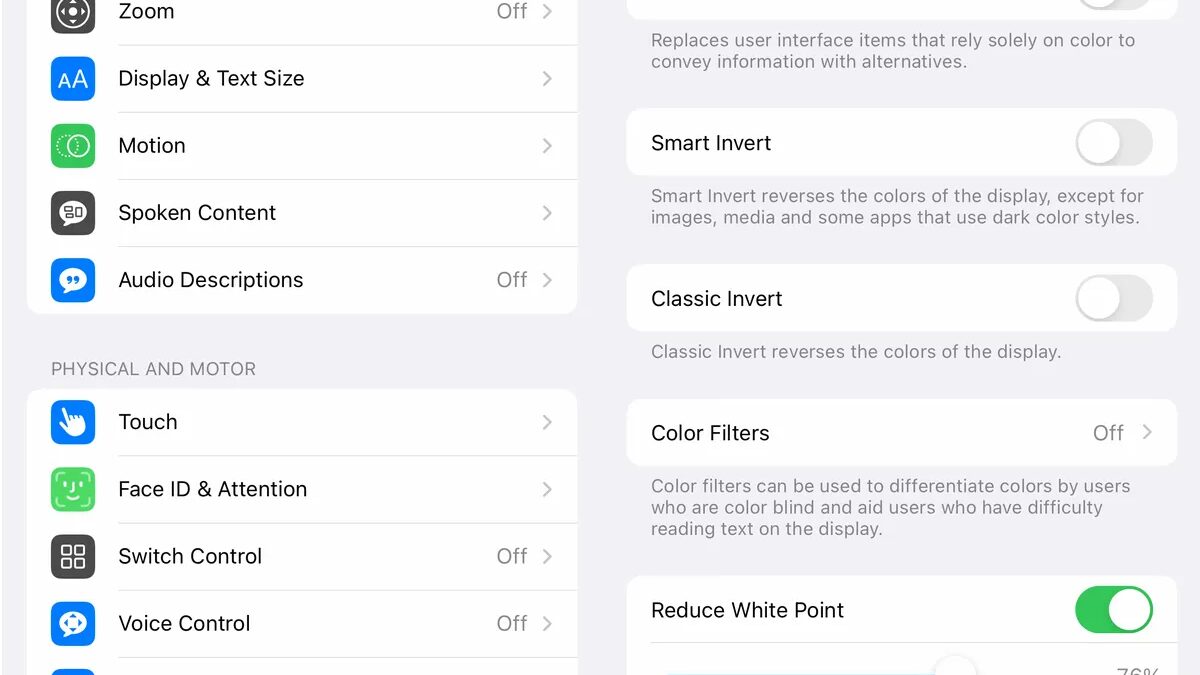 Настройки доступности на iPhone с включённой опцией Reduce White Point из статьи Как сделать экран iPhone ещё темнее