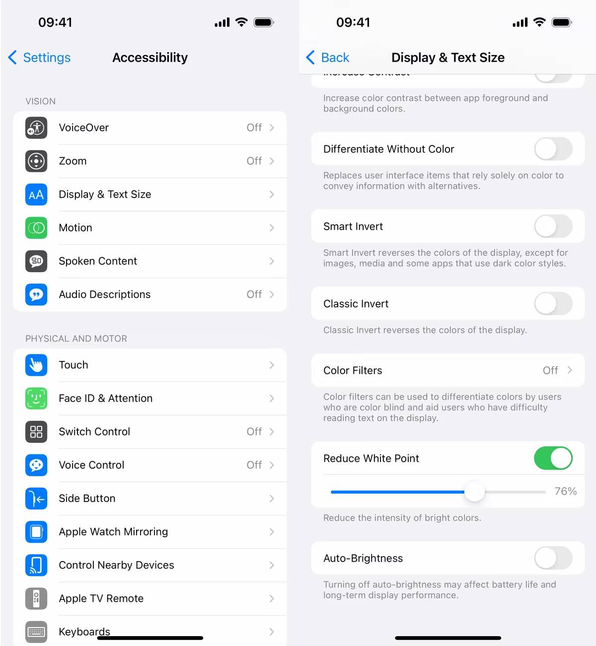 Настройки доступности на iPhone с включённой опцией Reduce White Point из статьи Как сделать экран iPhone ещё темнее