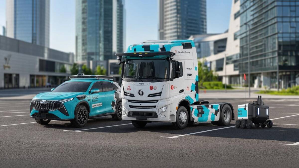 Робот Яндекс Транспорт сбоку от грузовика и автомобиля