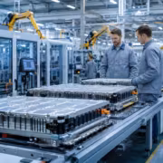 Рабочие в цехе Гигафабрики Росатома с батареями
