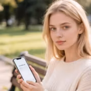 Молодая женщина держит смартфон с приложением Телеграмм на улице