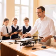 учитель показывает дрон и планшет школьникам в класс