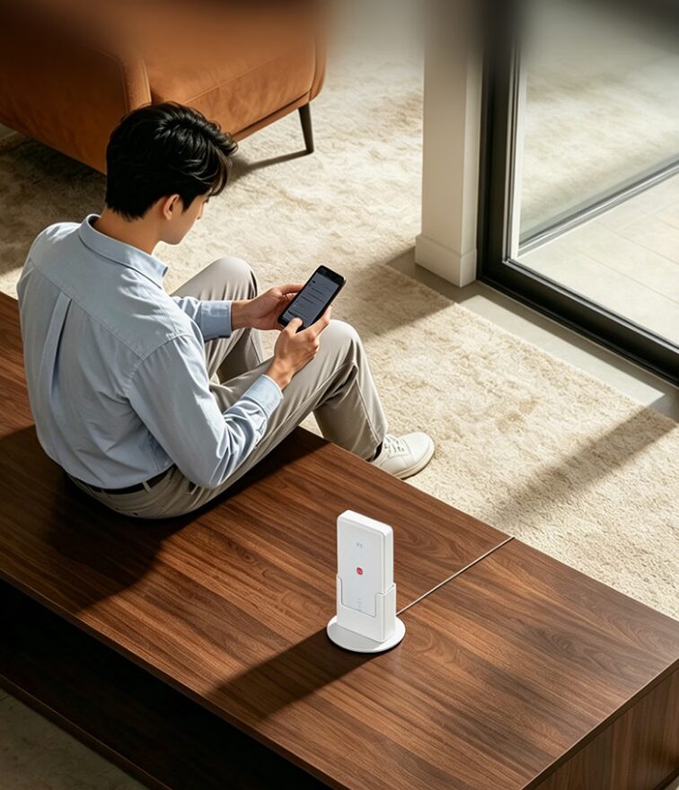 Роутер ZTE G5 Max получил Wi‑Fi 7, 2.5GbE PoE и уличный корпус с защитой IP65 5 Мужчина сидит на полу около роутера ZTE G5 Max с телефоном