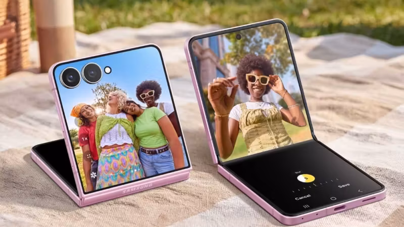 Два складывающихся смартфона Samsung Galaxy Z Flip 8 с фотографиями