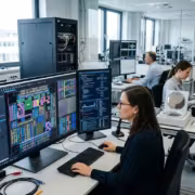 Менеджер за компьютером с двумя мониторами Samsung AI проверка микросхем