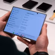 Человек держит складной смартфон Samsung Galaxy Fold показывающий настройки батареи