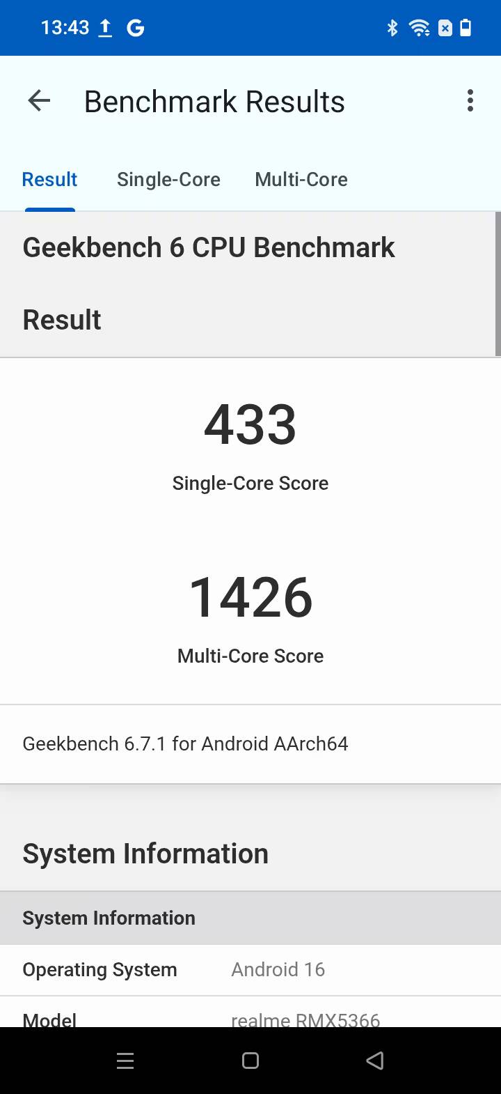 Результаты теста Geekbench 6 на устройство realme RMX5366