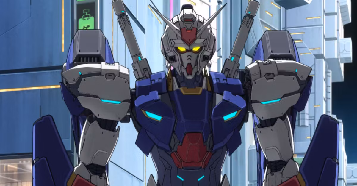 Голова и верхняя часть Gundam с ярко-синим и серым корпусом Съёмки фильма по Gundam с Сидни Суини завершили в Австралии