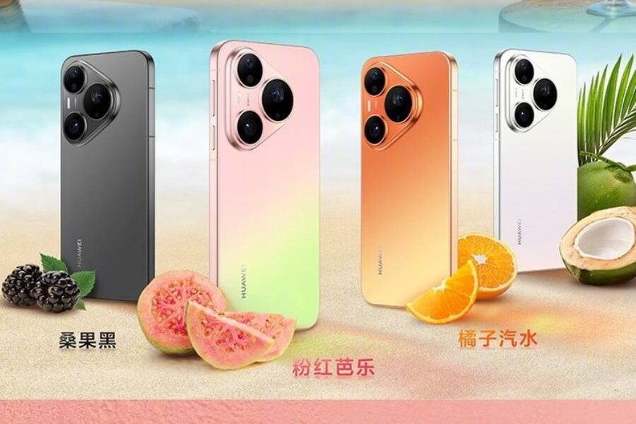 Huawei Pura 90 в черном, розовом, оранжевом и белом цветах с фруктами