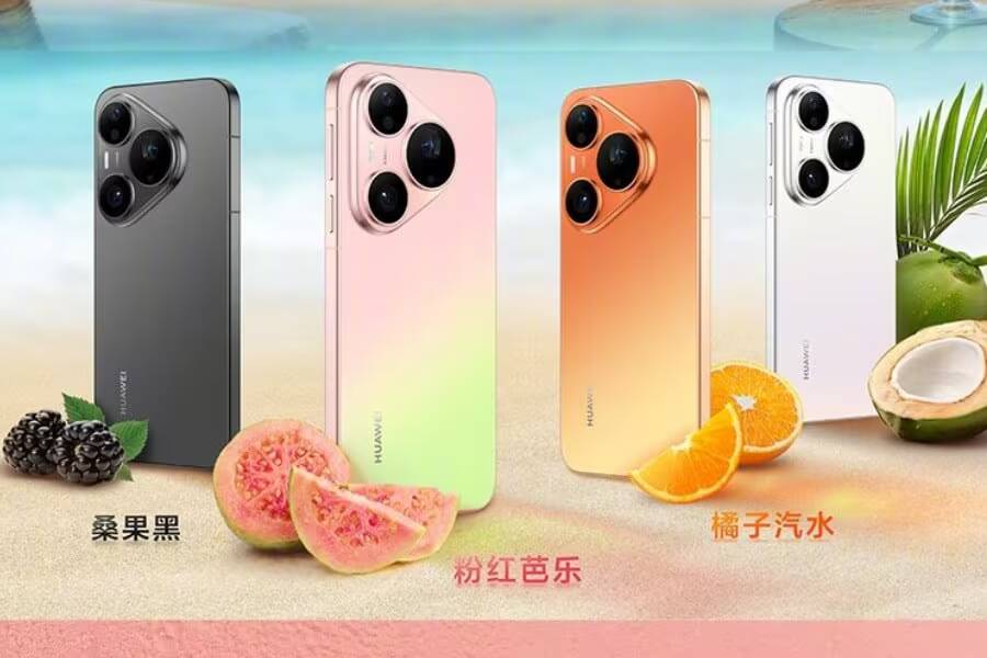 Huawei Pura 90 в черном, розовом, оранжевом и белом цветах с фруктами