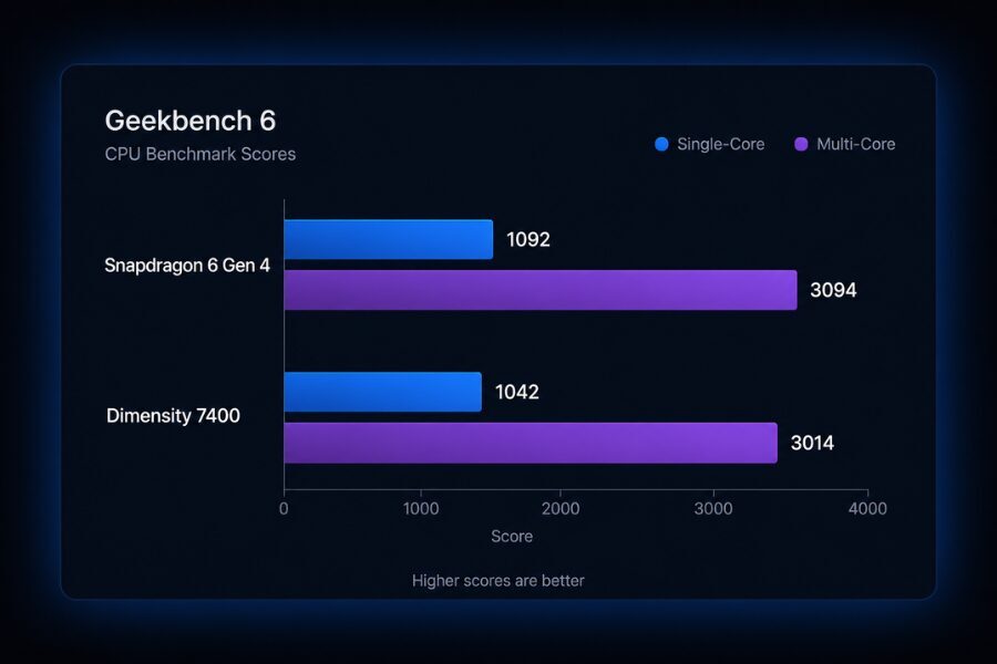 Результаты тестов Geekbench 6 Snapdragon 6 Gen 4 и Dimensity 7400