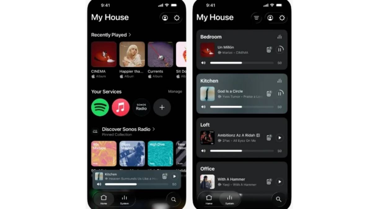 Интерфейс приложения Sonos на смартфоне домашней системы