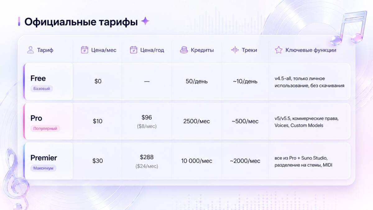 Suno в России в 2026 году работает и без VPN, но не везде одинаково 7 Тарифы Suno в России 2026 года, описание таблицы цен и функций