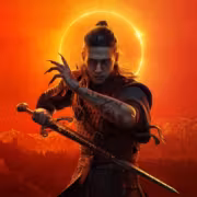 Персонаж с мечом на фоне заката игра Blood of Dawnwalker