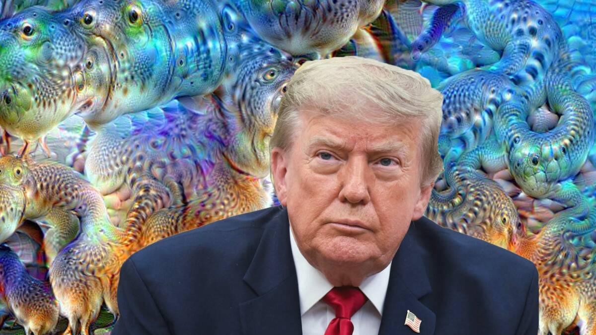 Трамп снова списал неудобные кадры на ИИ после удара по школе в Иране 4 Дональд Трамп на фоне рыб и тикающих рыб, изображение творческое и юмористическое