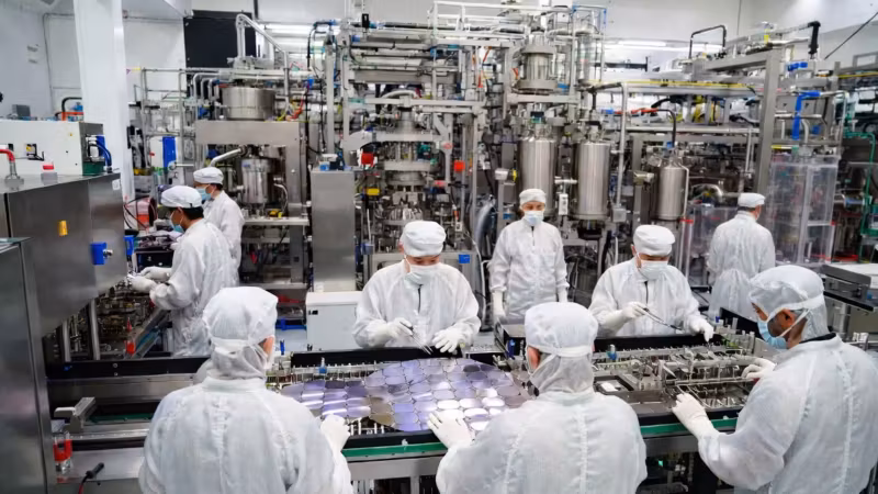 Рабочие в чистой комнате на фабрике TSMC процесс сборки чипов
