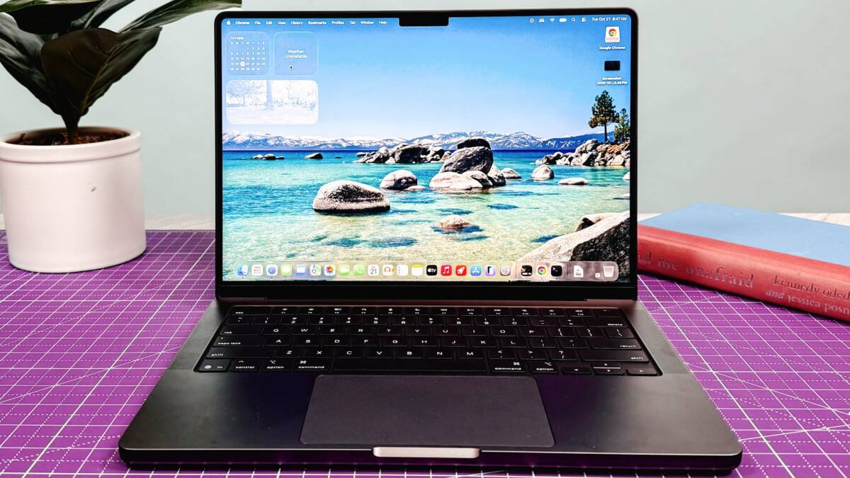 Вирус CrashStealer для Mac маскировался под сервис Apple и крал пароли с кошельками 2 Ноутбук MacBook с берегом озера и горами, рабочий стол с книгой и растением