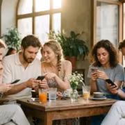 Группа друзей в кафе с мобильными телефонами vk.com ВКонтакте