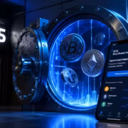 Криптовалютные символы и цифровые графики на экране смартфона ВТБ