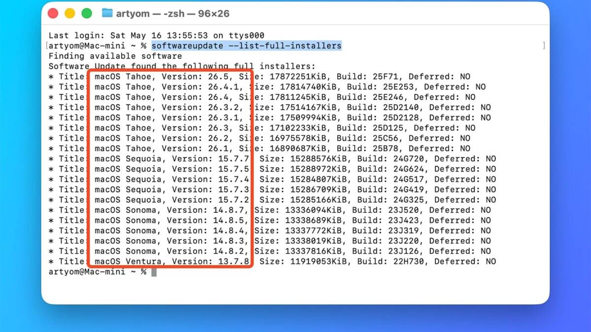 Загрузочная флешка macOS без App Store. Рабочий способ для 10 версий системы 2 Экран терминала с списком версий macOS и их размеров