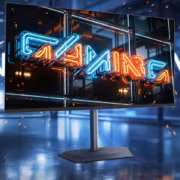 Неоновый логотип CHAINE на дисплее Gigabyte M032U24