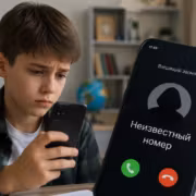 Мальчик держит телефон во время входящего звонка на iPhone