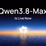 Экран с названием Qwen3.8-Max и фоном океана вечернего заката