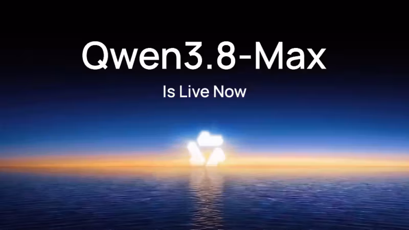 Экран с названием Qwen3.8-Max и фоном океана вечернего заката