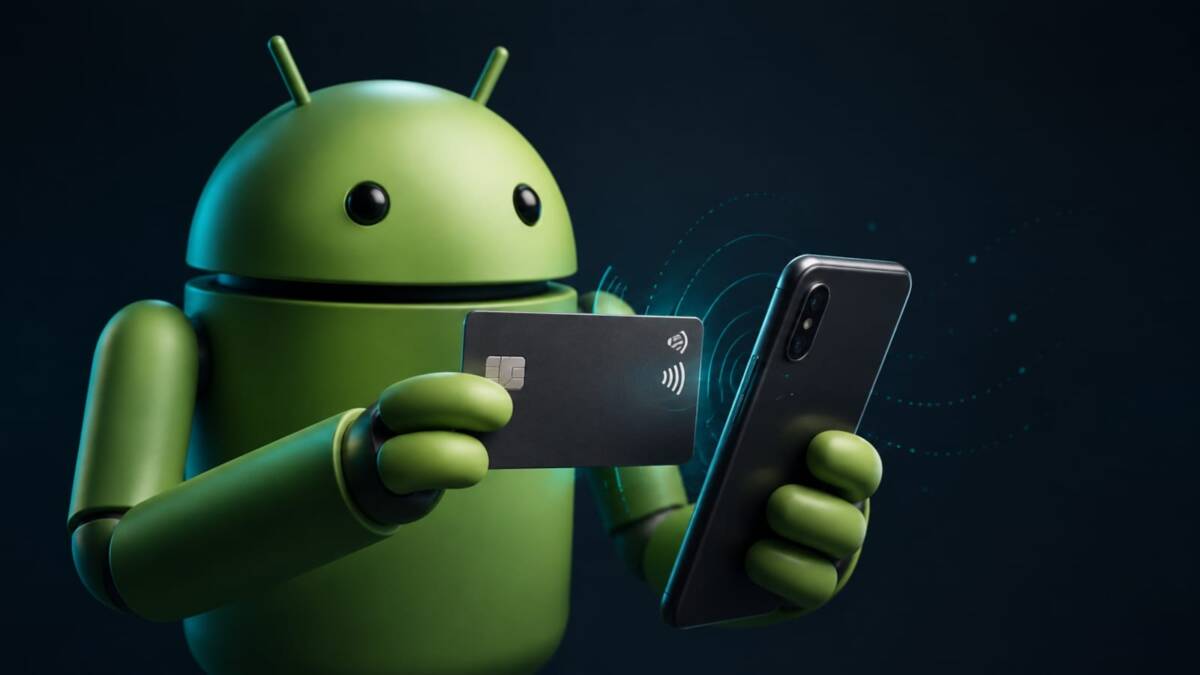 Андроид-робот держит кредитную карту и смартфон NFC